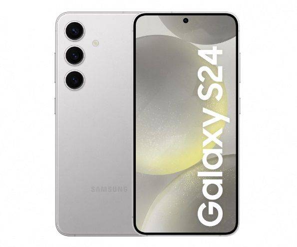 Um Samsung Galaxy S24 na cor branca vista de trás e de frente.