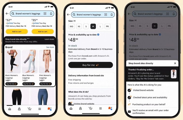 Três telas de celular do app da Amazon mostrando a função de compra com IA.