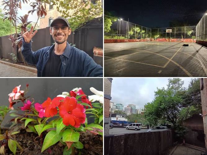 Quatro fotos tiradas com o Redmi Note 14: uma selfie, uma quadra à noite, flores no chão e uma rua asfaltada.