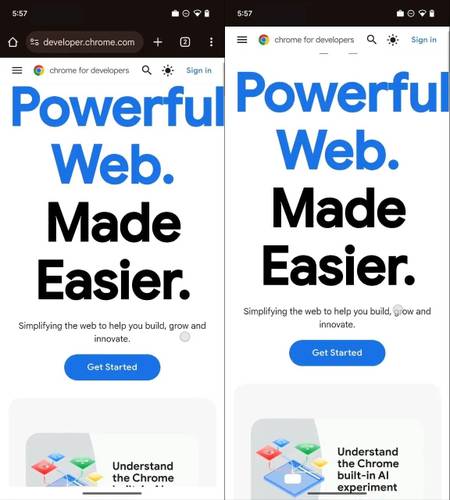 Comparação do visual Edge-to-edge do Chrome no Android