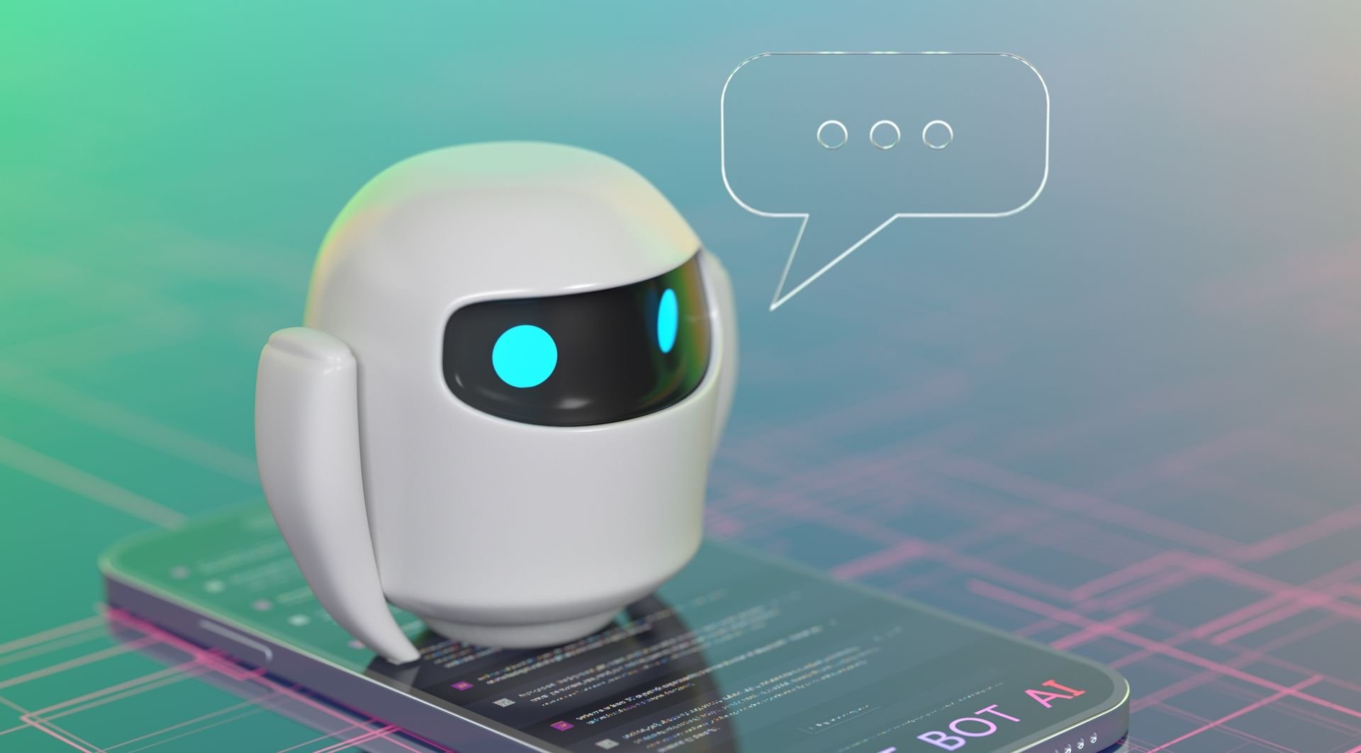 Um robô com um balão de conversa acima de um celular com um chatbot aberto.