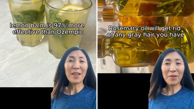 duas capturas de tela de uma pessoa gravando um vídeo de saúde para o tiktok com produtos naturais ao fundo