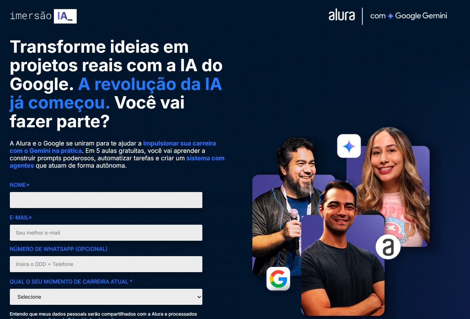 Inscrição curso Imersão IA da Alura