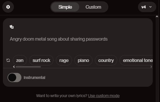 a janela de criação de música no Suno