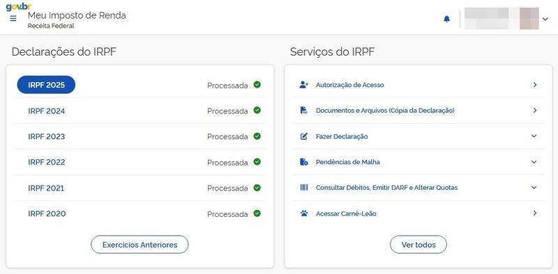 tela inicial do Meu Imposto de Renda