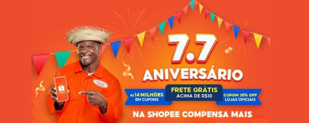 7.7 da Shopee celebra o aniversário do marketplace com milhares de cupons, frete grátis e ofertas; confira