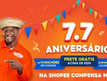 7.7 da Shopee celebra o aniversário do marketplace com milhares de cupons, frete grátis e ofertas; confira