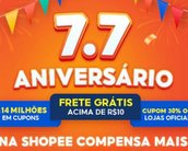 7.7 da Shopee celebra o aniversário do marketplace com milhares de cupons, frete grátis e ofertas; confira