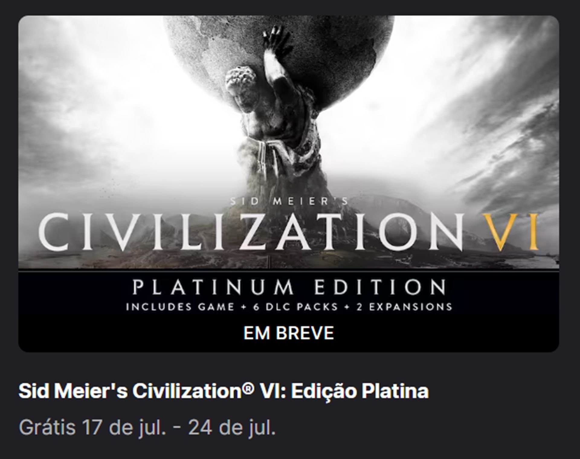 Jogo gratuito da Epic Games explica como resgatar Civilization VI 2 Imagem ilustrativa do resgate de jogo na Epic Games Store