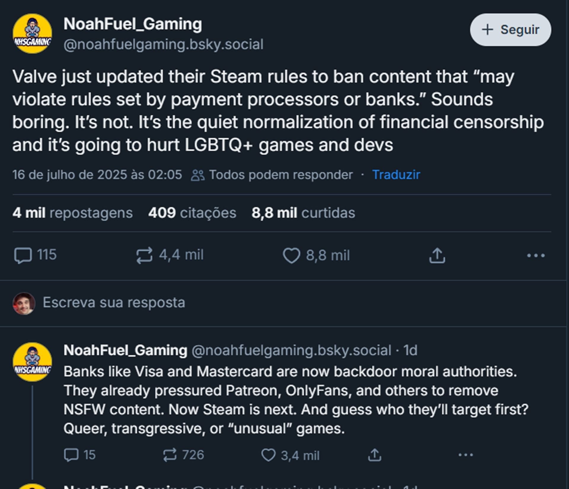 Valve limita jogos adultos na Steam, gerando dúvidas entre desenvolvedores 3 Captura de tela de uma publicação em rede social sobre censura de jogos.