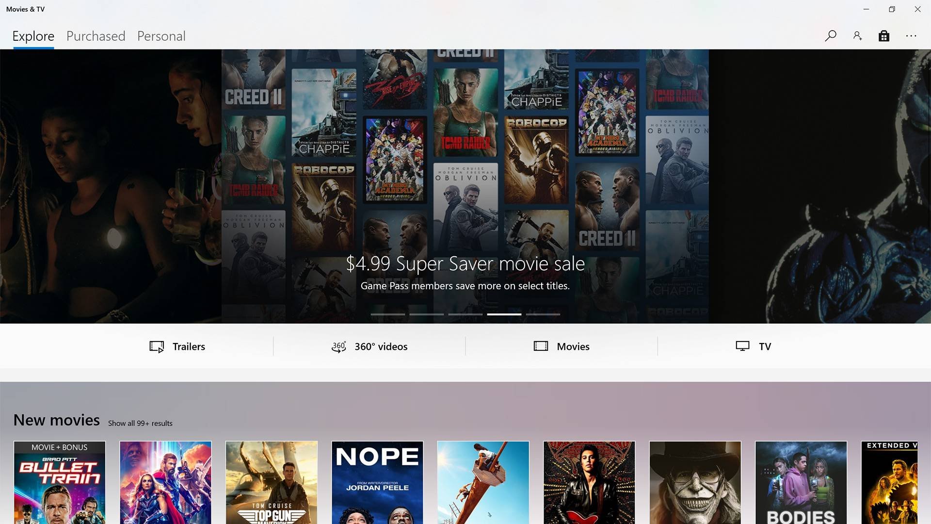 Tela do aplicativo Filmes e TV da Microsoft, exibindo opções de filmes e séries.