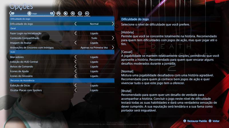 A imagem mostra o tamanho padrão das fontes dos menus de configuração do jogo