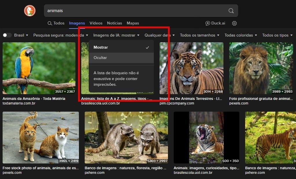 Buscador rival do Google lança filtro para não mostrar imagens de IA nos resultados Ao contrário do Google, que parece abraçar e até priorizar cada vez mais os conteúdos gerados por inteligência artificial (IA), a plataforma de pesquisas DuckDuckGo reconhece que parte do público não quer receber imagens nesse formato. O novo recurso do buscador segue por essa linha e dá ao usuário o poder dessa escolha. duckduckgo-busca-filtro-imagens-IA
