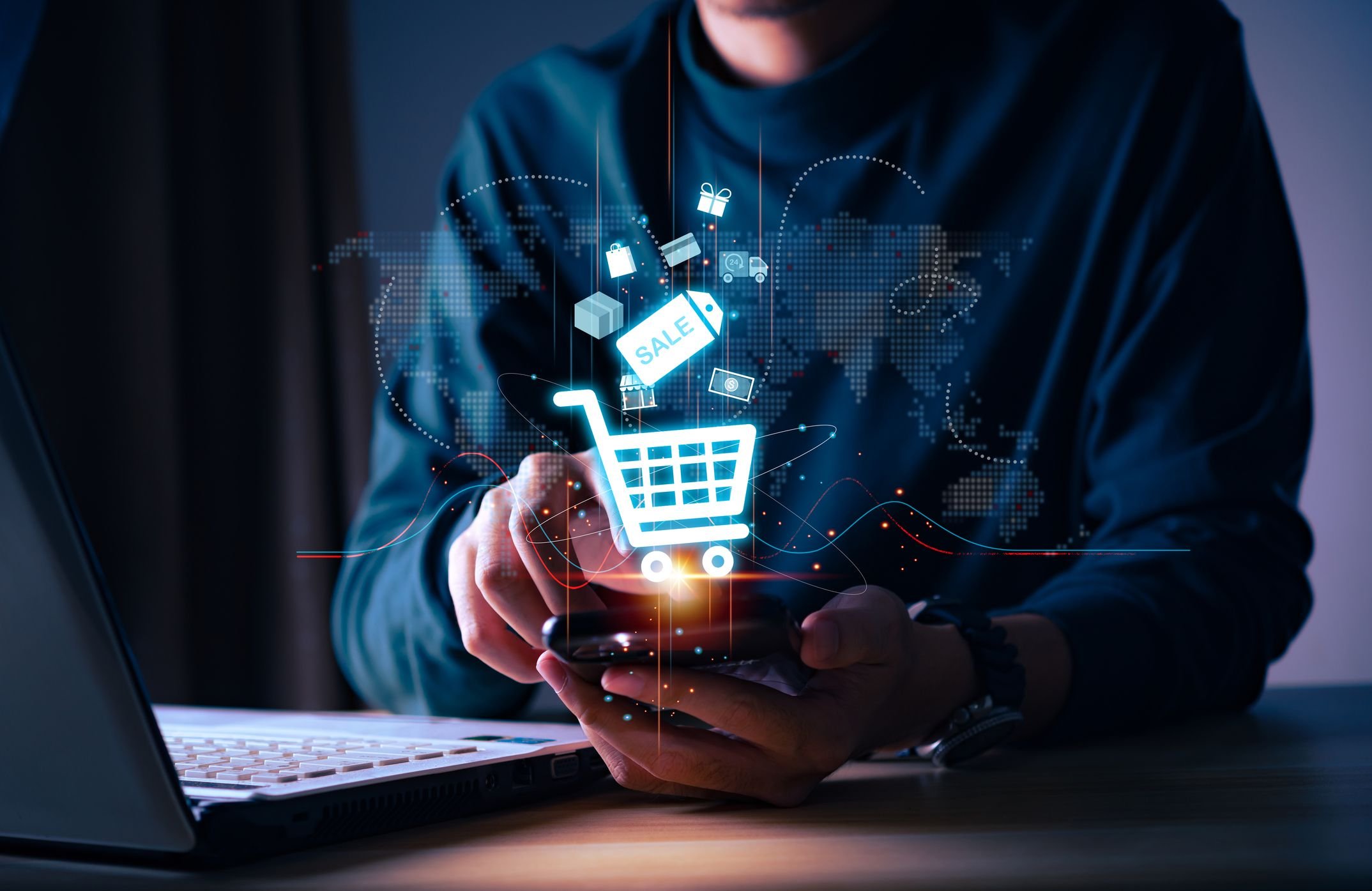 homem-com-celular-na-mao-com-ilustrações-de-carrinho-de-compras-loja-virtual