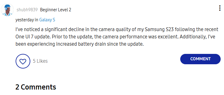 Atualização da One UI 7 piorou a câmera do Galaxy S23, relatam usuários A câmera do Galaxy S23 parece ter perdido qualidade após a atualização para a One UI 7, segundo relatos de usuários nas redes sociais. As imagens capturadas pelo celular agora aparentam estar borradas ou com menos definição do que o esperado para o modelo. Atualização da One UI 7 piorou a câmera do Galaxy S23, relatam usuários