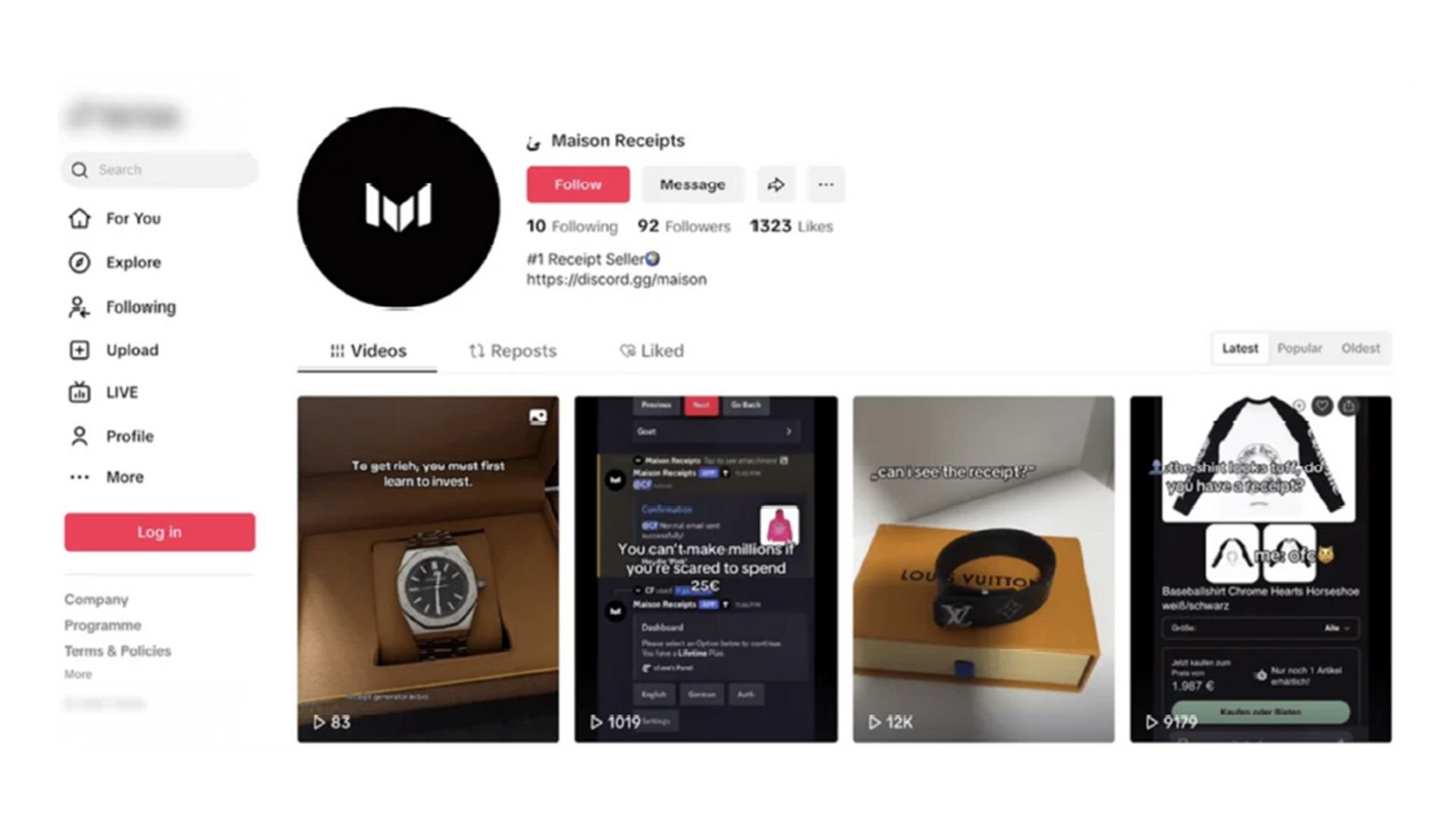 Recibo falso divulgado no TikTok de criação de documentos fraudulentos, fonte: Zenox