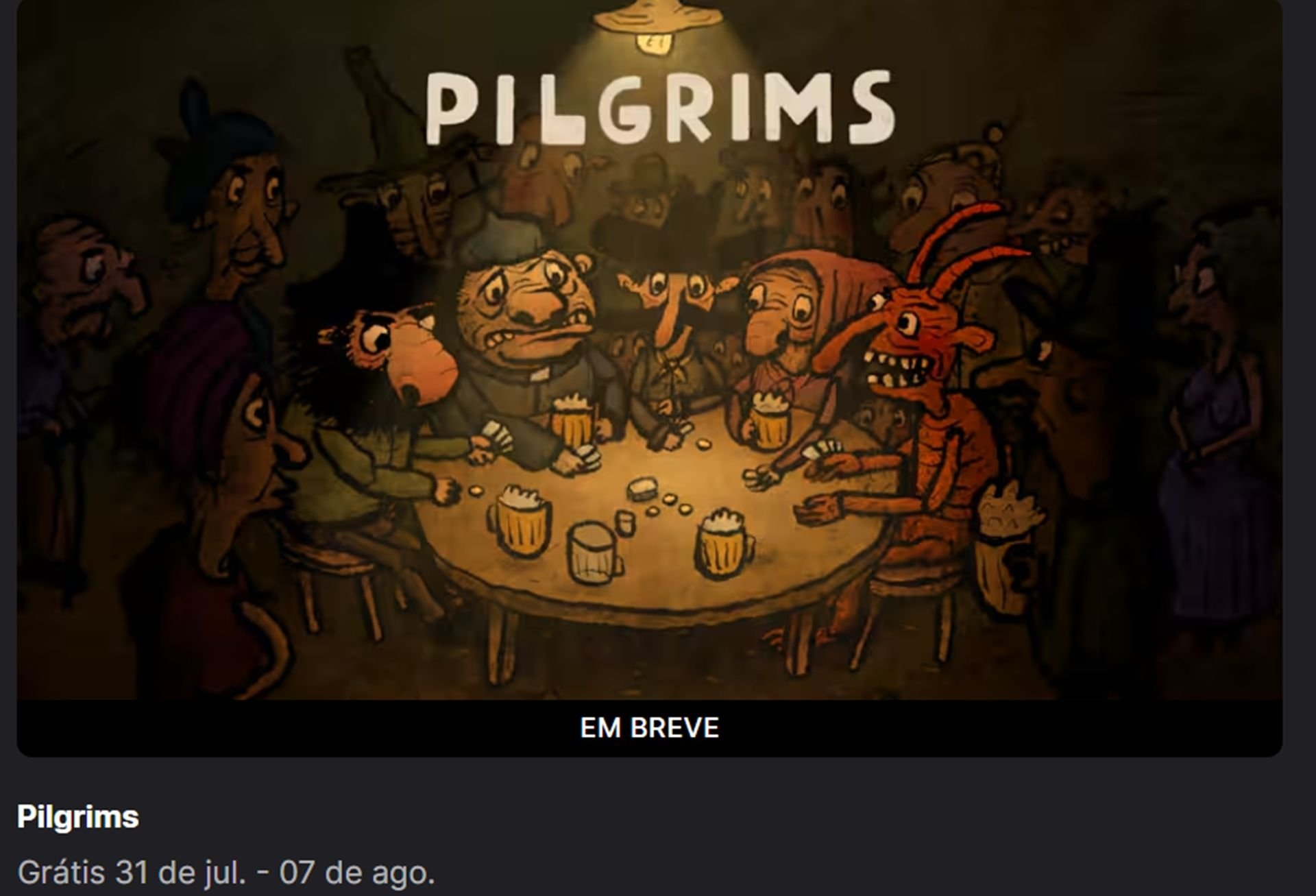 Pôster do jogo Pilgrims mostrando personagens antropomórficos em um bar jogando cartas, em estilo de arte cartunesca com cores terrosas