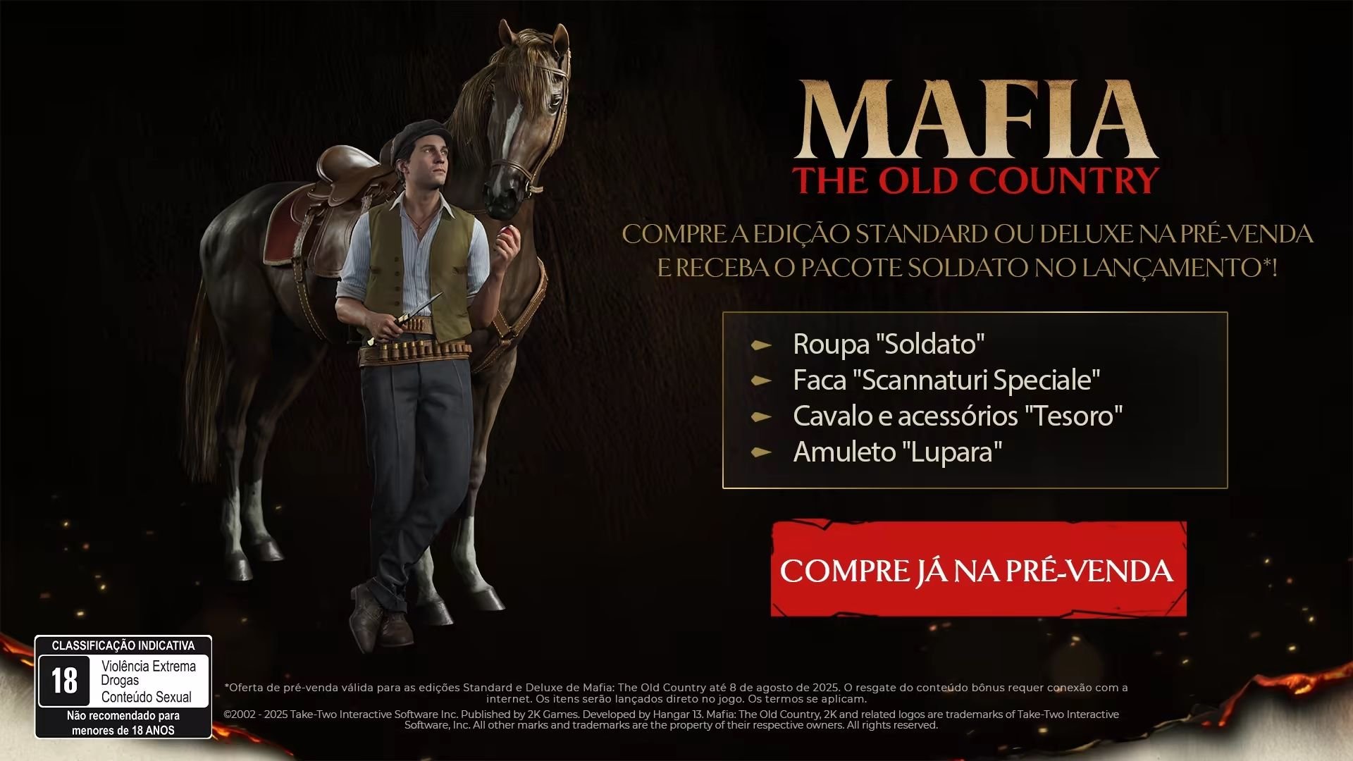 Seu PC roda MAFIA The Old Country? Veja os requisitos mínimos e recomendados Pegando todos os fãs do Al Capone de surpresa, a Hangar 13 e a 2K anunciaram MAFIA The Old Country há um ano atrás, durante a Gamescom da Alemanha. A boa notícia aqui, no entanto, é que agora falta bem pouco para a prequel ser lançada: o game chega no dia 8 de agosto ao PS5, Xbox Sereis X|S e ao PC. Seu PC roda MAFIA The Old Country? Veja os requisitos mínimos e recomendados