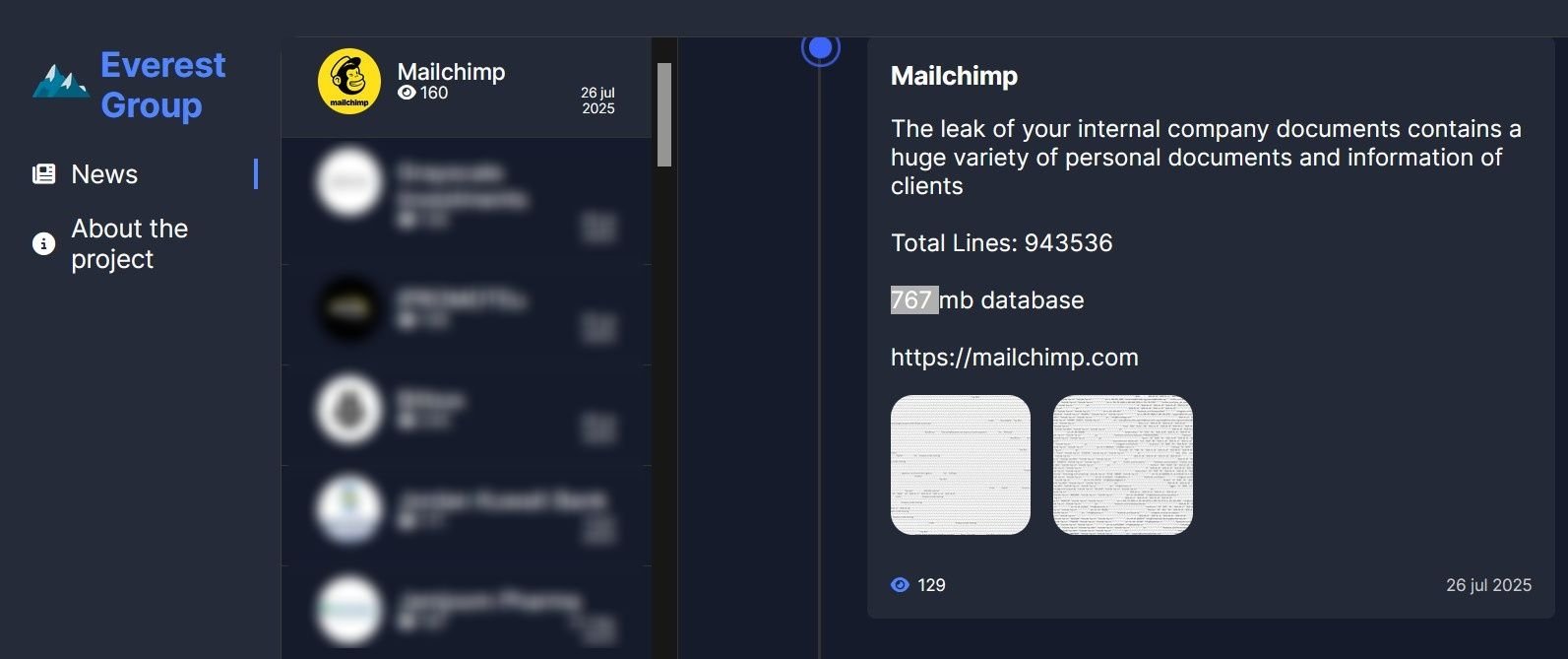 Mailchimp sofre vazamento de dados após invasão do grupo de ransomware O Mailchimp supostamente teve dados internos vazados após se tornar a mais recente vítima do ransomware Everest, como revelou o grupo de cibercriminosos em sua página na dark web, na quinta-feira (31). A ação teria resultado no roubo de um banco de informações de 767 MB com mais de 940 mil linhas de dados. captura-de-tela-de-site-de-vazamento-de-dados