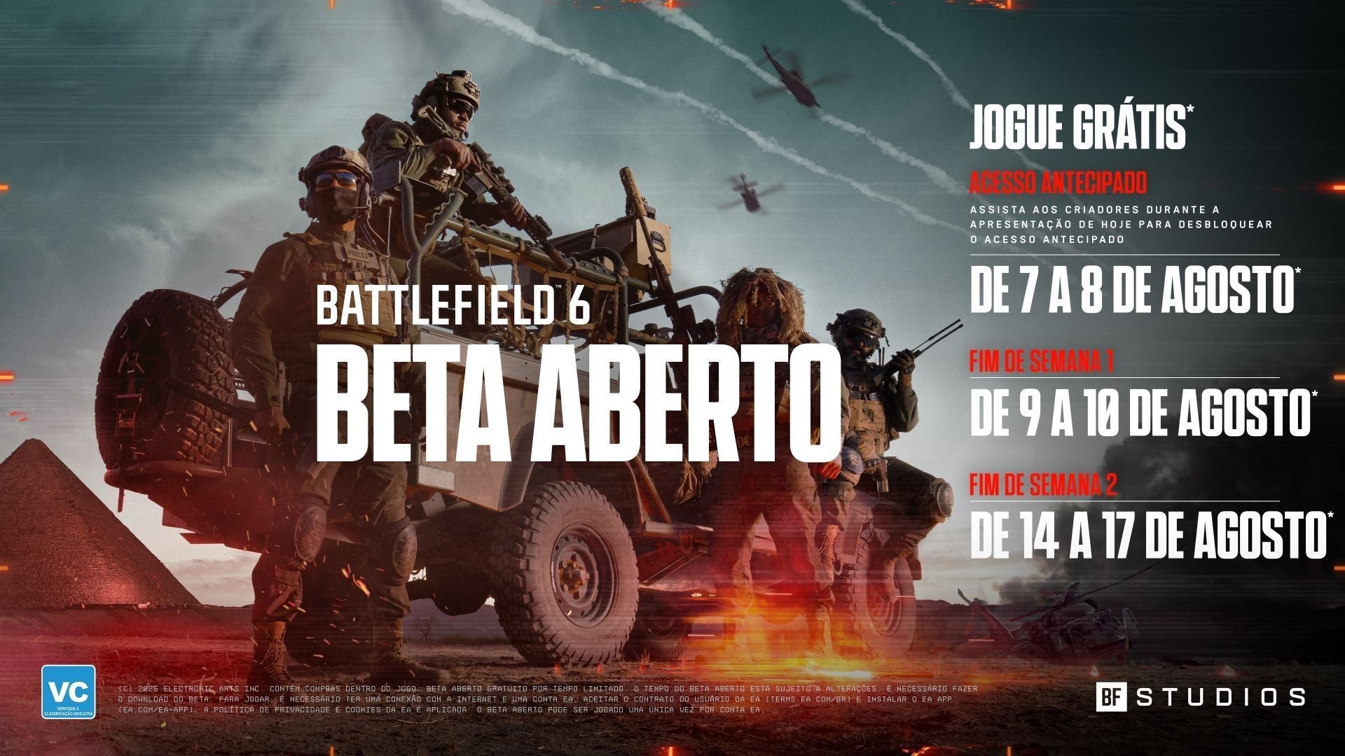 Como conseguir keys para o beta grátis de Battlefield 6? A EA finalmente bateu o martelo e revelou, em um evento especial na última quinta (31), que Battlefield 6 será lançado no dia 10 de outubro para PS5, Xbox Series X|S e PC. Outra boa novidade é que a sequência já tem três beta agendados para este mês — e o Voxel te ajudará a jogá-los sem muitas complicações. Como conseguir keys para o beta grátis de Battlefield 6?