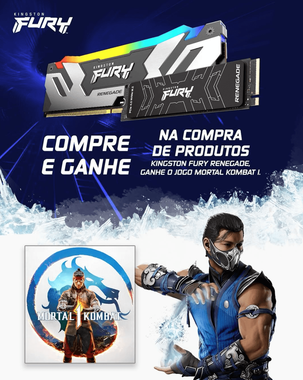 Mortal Kombat 1 está de graça em promoção com SSDs e memórias Kingston! Veja como aproveitar Para celebrar o Dia dos Pais e agradar os gamers, a Kingston está oferecendo uma promoção especial na Kabum: na compra de qualquer produto da linha Kingston FURY Renegade, o cliente leva gratuitamente uma cópia digital de Mortal Kombat 1 para PC, via Steam. Mortal Kombat 1 está de graça em promoção com SSDs e memórias Kingston! Veja como aproveitar