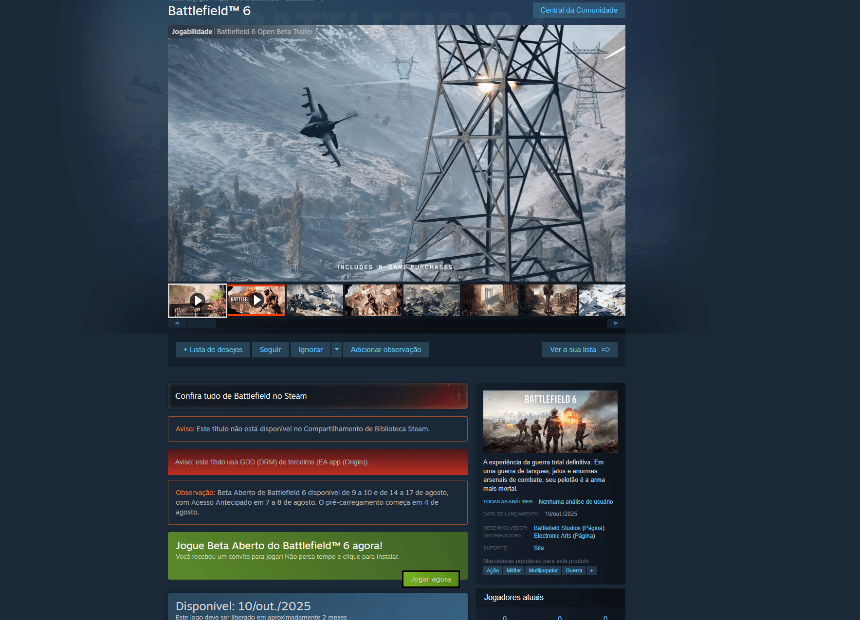 Battlefield 6 já está disponível para baixar de graça! Veja como fazer download do beta O aguardado Battlefield 6 ainda chega oficialmente só em outubro, mas os jogadores já podem colocar as mãos no controle (ou teclado e mouse) e experimentar o jogo de graça no beta aberto. O download está liberado gratuitamente para todas as plataformas compatíveis hoje (8), e já é possível testar o campo de tiro, conhecer as classes e se acostumar com as novas mecânicas antes mesmo da estreia global do teste. Battlefield 6 já está disponível para baixar de graça! Veja como fazer download do beta