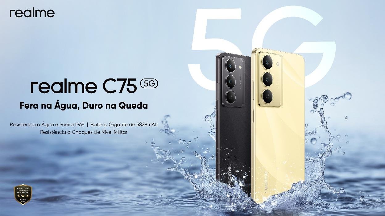 Realme lança C75 5G com proteção aprimorada contra água por R$ 2,5 mil A Realme anunciou nesta terça-feira (12) o lançamento do Realme C75 5G no Brasil, primeiro celular fabricado no país com a certificação IP69, que fornece maior resistência à água e poeira. O modelo também se destaca por apresentar algumas diferenças em relação à versão global. celular-realme-c75-5g