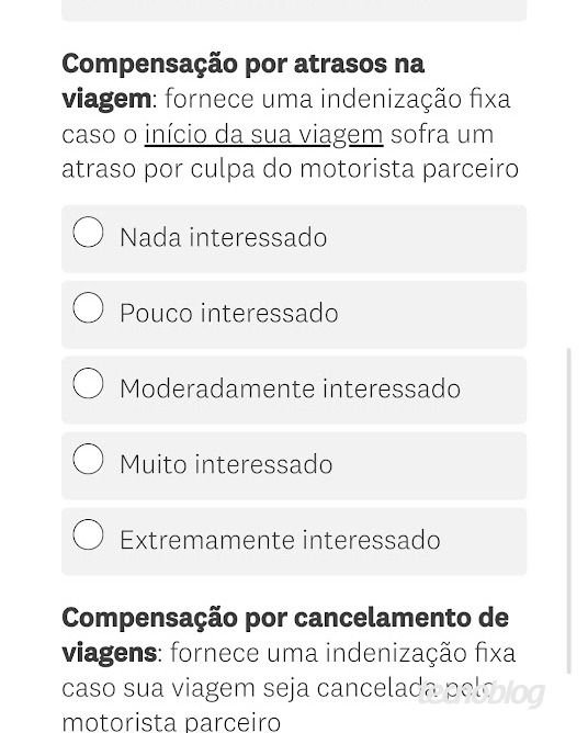 Uber poderá compensar usuários em casos de atrasos nos compromissos A Uber avalia a possibilidade de lançar um recurso que indenize consumidores brasileiros em caso de atrasos em compromissos por consequência das corridas. Por enquanto, tudo está em fase de análise e a plataforma tem realizado pesquisas com usuários selecionados para medir o interesse. uber-avalia-indenizar-usuários-em-casos-de-atrasos