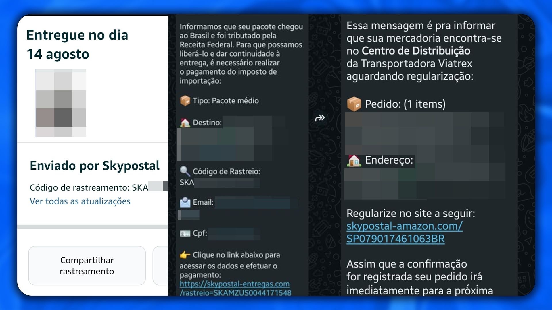 Captura de tela mostrando mensagem de golpe da falsa entrega da Amazon com dados pessoais e código de rastreio verdadeiro.