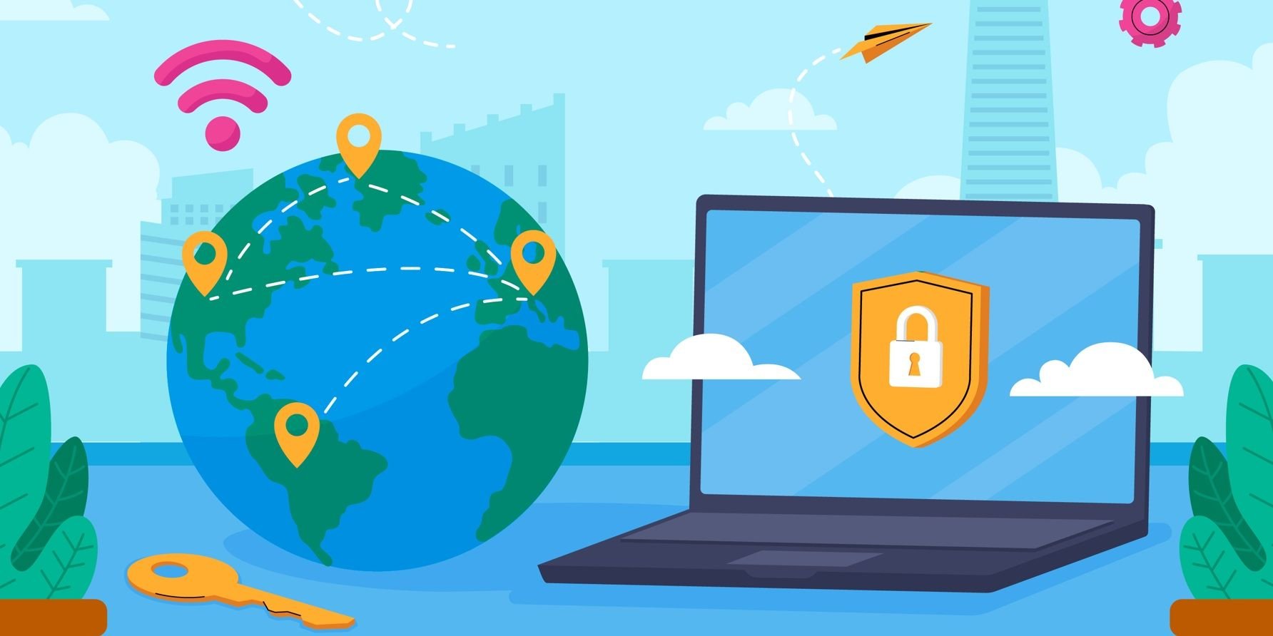 VPN paga x VPN gratuita: entenda as diferenças A navegação diária na internet pode render dores de cabeça mesmo ao usuário mais atento, dado o alto número de golpes digitais, tentativas de espionagem, instalação de malwares e interceptações da conexão espalhados. Para ajudar a combater essas e outras ameaças, recursos como VPNs podem trazer mais segurança a usuários. ilustracao-de-seguranca-digital-com-planeta-terra-marcadores-de-localizacao-chave-wifi-e-notebook-com-escudo-e-cadeado