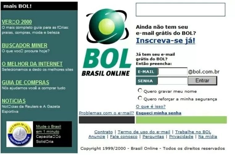 Que fim levou o BOL, site e serviço de email famoso na era da internet discada? A internet comercial estreou no Brasil oficialmente em 1995 e, em questão de meses, vários sites, serviços digitais e provedores começaram a surgir com diferentes propostas. Alguns deles se destacaram logo de início, sustentados por grandes grupos do setor de comunicação ou tecnologia, e viraram por anos parte do cotidiano digital de muita gente. bol-homepage-email-gratis