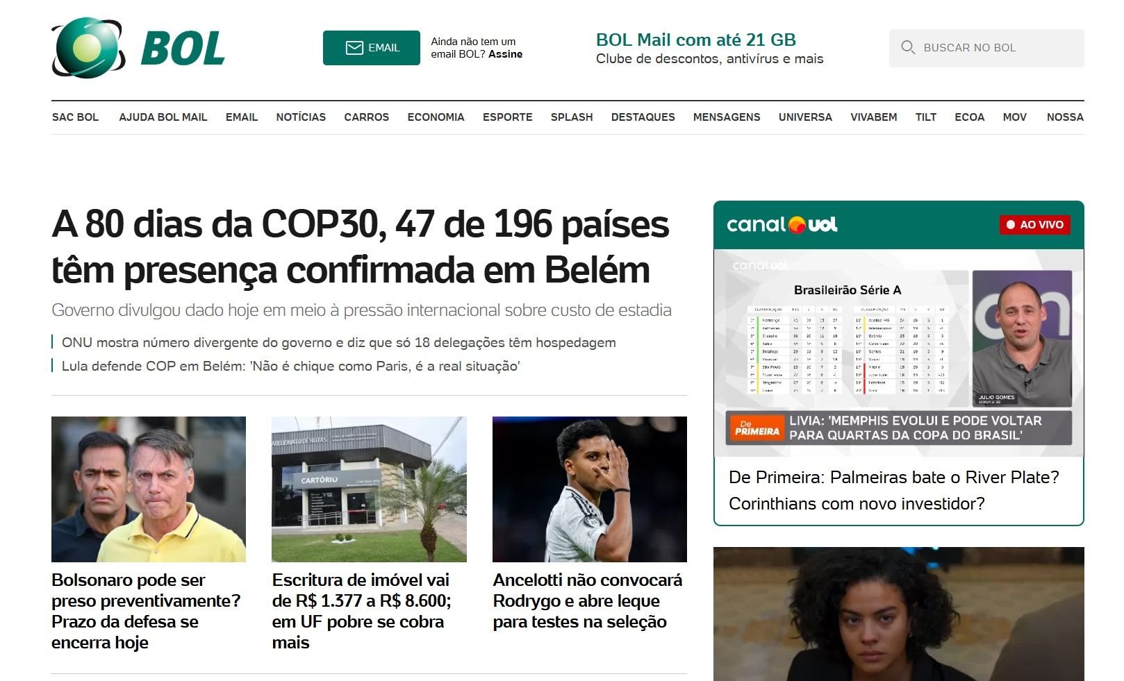 Que fim levou o BOL, site e serviço de email famoso na era da internet discada? A internet comercial estreou no Brasil oficialmente em 1995 e, em questão de meses, vários sites, serviços digitais e provedores começaram a surgir com diferentes propostas. Alguns deles se destacaram logo de início, sustentados por grandes grupos do setor de comunicação ou tecnologia, e viraram por anos parte do cotidiano digital de muita gente. bol-homepage-atual