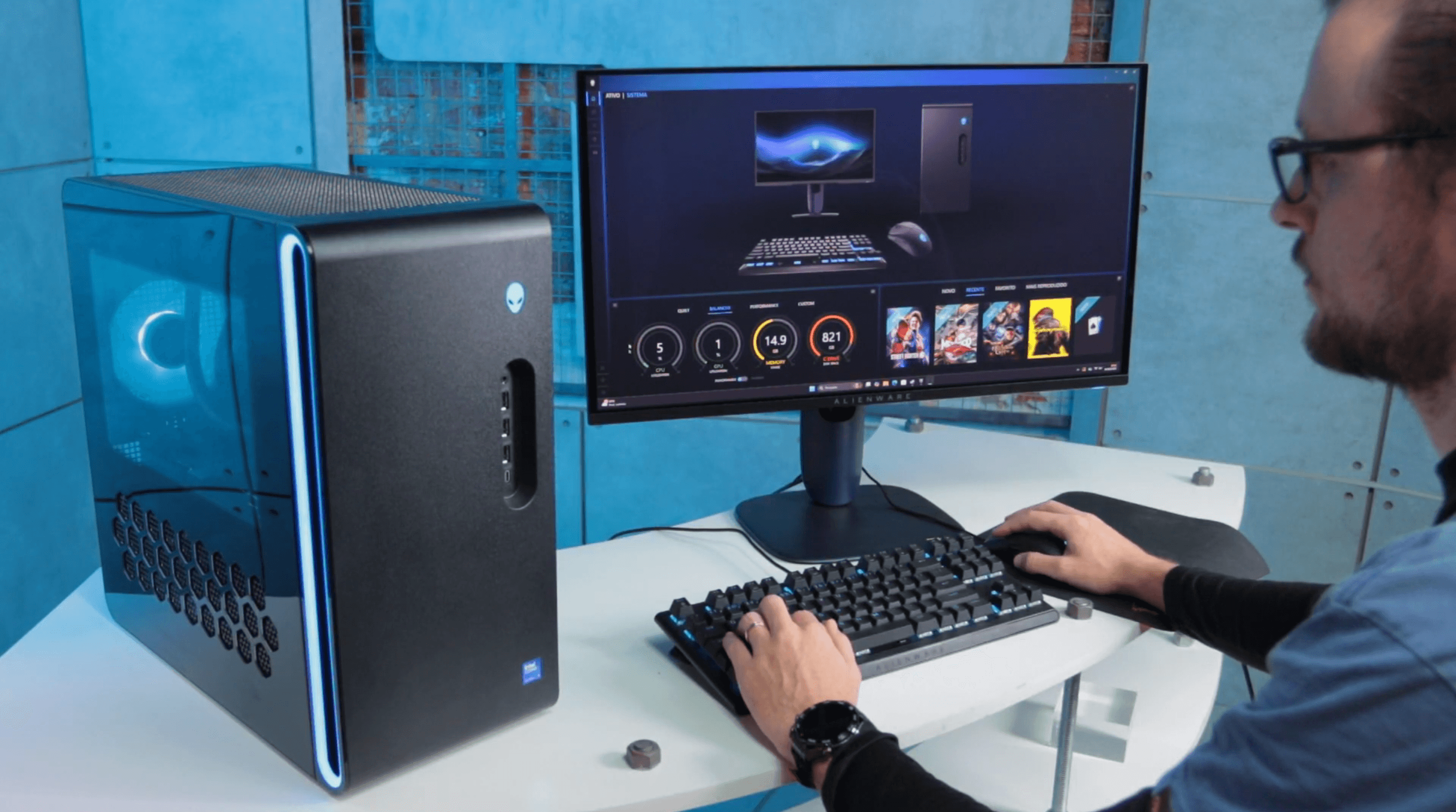 Software Alienware Command Center na tela do Aurora 2025, mostrando opções de configuração e métricas do desempenho dos componentes.