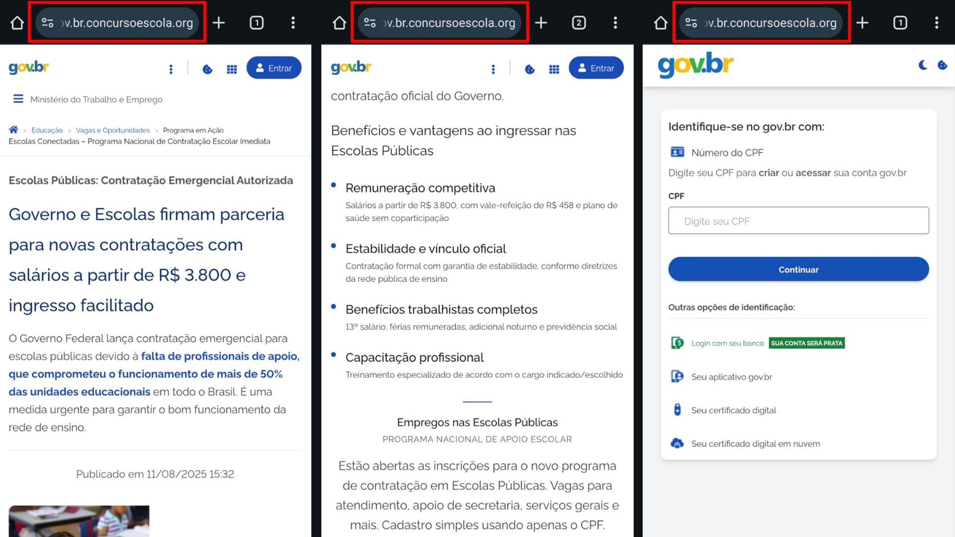 Golpe usa site falso do governo para roubar dinheiro de usuários Recentemente, o TecMundo reportou um esquema de golpes envolvendo páginas falsas de órgãos do governo, como o Detran e o Ministério da Educação. Em ambos os casos, os sites fraudulentos exploravam a necessidade dos usuários em troca de dinheiro, oferecendo o acesso a vagas de emprego ou agendamento de exames. Golpe usa site falso do governo para roubar dinheiro de usuários