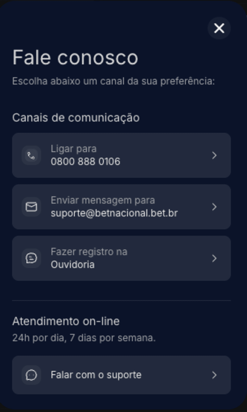 Suporte Betnacional Se você precisa de suporte Betnacional, está no lugar certo. O principal canal de contato é o chat ao vivo, mas também existem outras opções, como e-mail e telefone da Betnacional. suporte betnacional