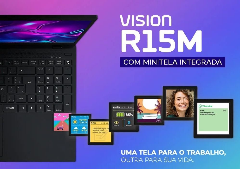 Positivo lança notebook com minitela interativa para notificações A Positivo lançou o Vision R15M, um novo notebook com o recurso de minitela interativa para visualizar notificações e lembretes sem a necessidade de interromper as tarefas no display principal. Anunciado recentemente, o portátil também tem a MIA, assistente de inteligência artificial da marca, como outro destaque. notebook-positivo-vision-r15m
