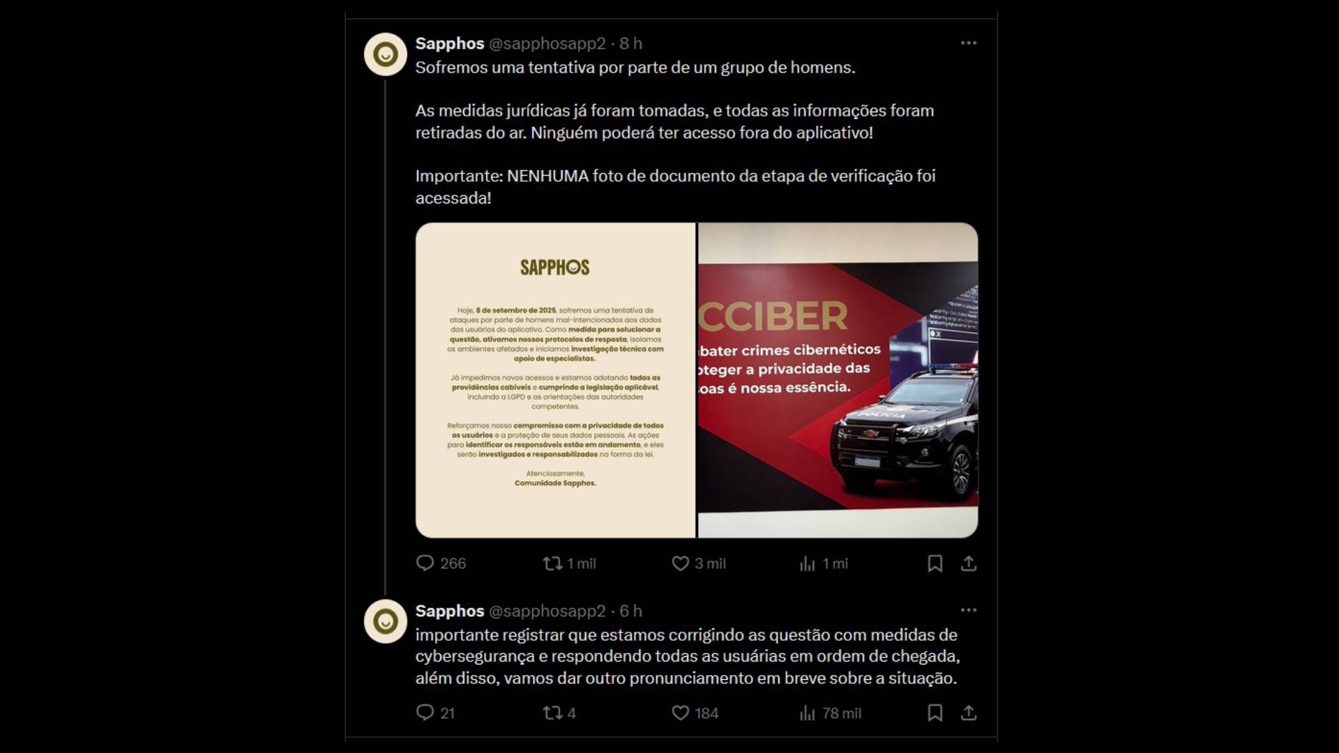 Sapphos: 'Tinder para mulheres' tem falha grave denunciada por usuário e sai do ar Um aplicativo de relacionamentos exclusivo para mulheres, com registro autorizado apenas mediante documentos pessoais. Embora pareça uma proposta com boas intenções à primeira análise, não demorou para que muitos usuários começassem a suspeitar das exigências – e hoje (8), um suposto vazamento de dados teria se confirmado. O caso em questão trata do Sapphos App, recentemente lançado para Android e iOS. postagem-sapphos.jpg