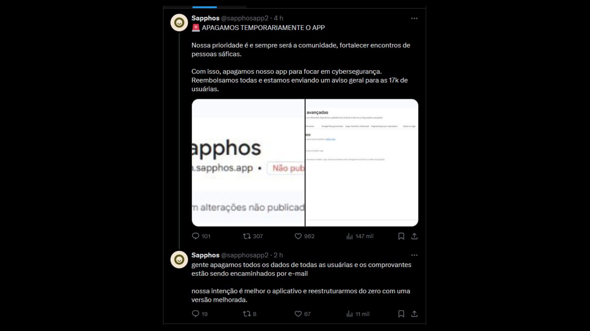 Sapphos: 'Tinder para mulheres' tem falha grave denunciada por usuário e sai do ar Um aplicativo de relacionamentos exclusivo para mulheres, com registro autorizado apenas mediante documentos pessoais. Embora pareça uma proposta com boas intenções à primeira análise, não demorou para que muitos usuários começassem a suspeitar das exigências – e hoje (8), um suposto vazamento de dados teria se confirmado. O caso em questão trata do Sapphos App, recentemente lançado para Android e iOS. posicionamento-sapphos.jpg
