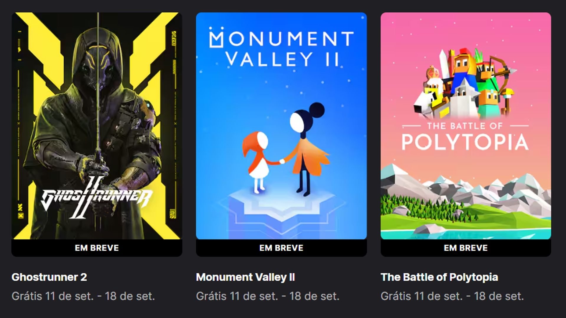 Corre! Epic Games Store libera três jogos grátis por tempo limitado nesta quinta (11) Procurando algo interessante para jogar neste fim de semana? A Epic Games Store já liberou os jogos gratuitos da vez — e as novidades são ideais para quem curte games de ação frenética, assim como puzzles e estratégia. Corre! Epic Games Store libera três jogos grátis por tempo limitado nesta quinta (11)