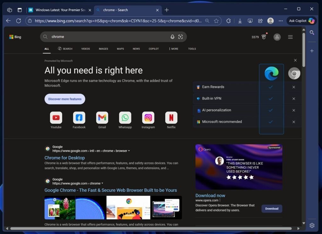 Microsoft Edge não quer que você baixe o Google Chrome Deve ser bem doloroso para a Microsoft ver que muitos usuários só utilizam o Microsoft Edge para baixar outro navegador, mas a gigante quer te convencer. O site Windows Latest encontrou um novo anúncio no qual a Microsoft quase implora para você não baixar o Google Chrome. microsoft-edge-não-quer-que-você-baixe-o-google-chrome