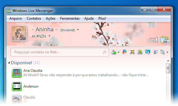 A imagem e a combinação de cores na janela do MSN