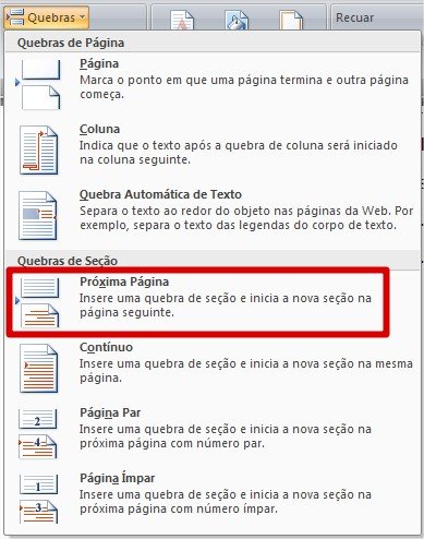 Numeração de páginas no word 2007