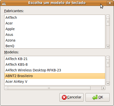 Escolha um modelo de teclado