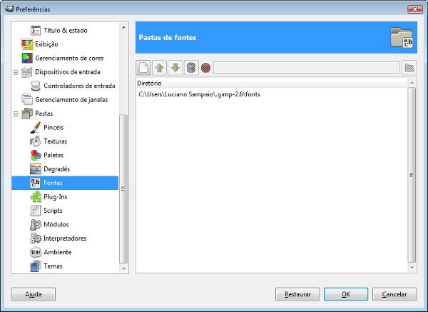 Preferências: Pastas: Fontes