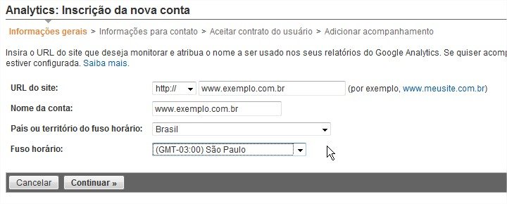 Aqui você preenche os dados da sua nova conta. Cada conta é um site.