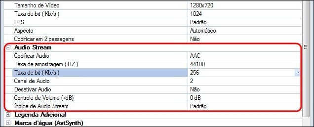 Defina opções de áudio.