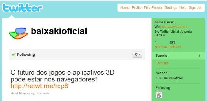 Página do Portal Baixaki no Twitter com exemplo de URL curta