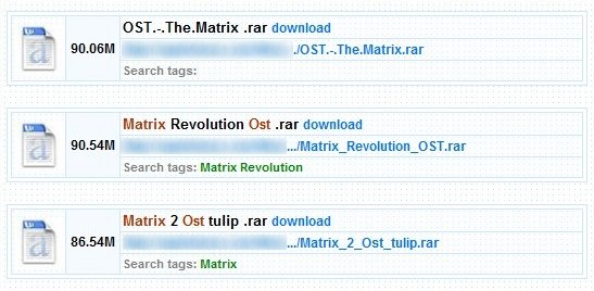 Exemplo de site pirata, com a trilha sonora da trilogia Matrix disponível para download.