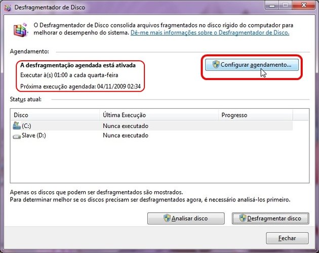Gerenciamento do desfragmentador de discos.