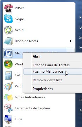 Programas fixos no Menu Iniciar ficam na parte de cima do Menu.